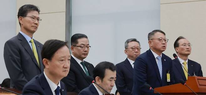 정진완 우리은행장이 19일 국회 정무위원회에서 열린 금융감독원 등에 대한 국정감사에서 정무위원 질의에 답하고 있다. 뒷줄 오른쪽부터 이환주 KB국민은행장, 정 은행장, 정상혁 신한은행장, 이호성 하나은행장, 강태영 NH농협은행장, 앞줄 왼쪽은 이찬진 금융감독원장. 연합뉴스