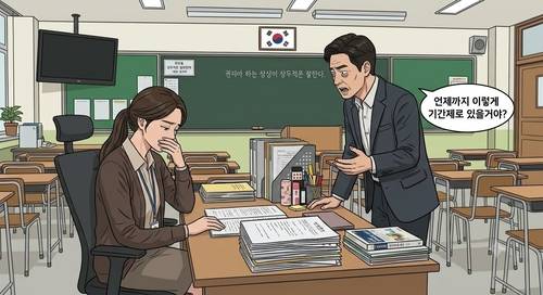 "언제까지 기간제로 있을 거야?" 학교에서 기간제 교사를 차별하는 이미지. 한국관계심리연구소가 AI로 제작한 것이다.