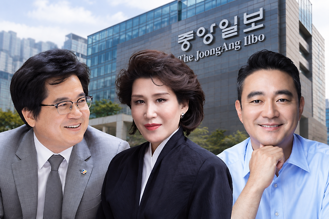 중앙일보 인수전의 주요 인물인 이재현 CJ그룹 회장(왼쪽), 정유경 신세계 회장(가운데), 홍정도 중앙홀딩스 부회장(오른쪽). 다우키움·CJ·신세계 컨소시엄의 인수가 성사되면 홍 부회장의 중앙일보 지배력은 크게 축소된다. 사진은 AI 합성 이미지. /GPT-5.5