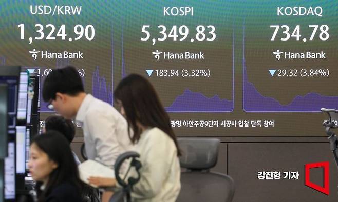 코스피가 장 초반 3% 넘게 하락하며 5400선이 붕괴된 23일 서울 중구 하나은행 딜링룸 전광판에 국내증시 현황이 표시돼 있다. 2026.10.23. 강진형 기자