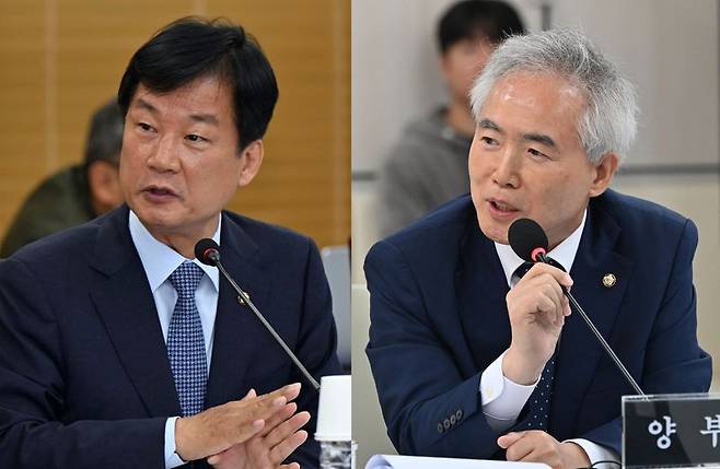 이재명 대통령이 25일 법무부장관 후보자로 더불어민주당 박균택 의원(왼쪽)과 양부남 의원을 놓고 최종 고심하고 있는 것으로 알려졌다. 뉴시스
