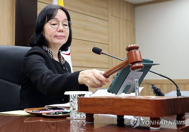 전체회의 주재하는 송경희 개인정보보호위원회 위원장 (서울=연합뉴스) 한종찬 기자 = 송경희 개인정보보호위원회 위원장이 28일 서울 종로구 정부서울청사에서 열린 제21회 전체회의에서 의사봉을 두드리고 있다. 2026.10.28 saba@yna.co.kr